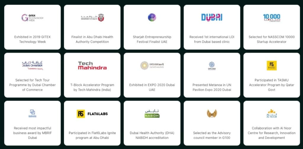Grid of partner and program logos with short descriptions of Metanoa awards, exhibitions, and accelerator selections